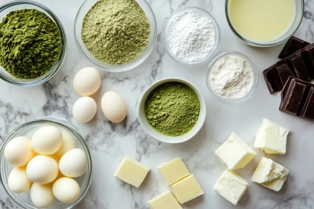 Baking ingredients for Matcha White Chocolate Mochi Cake