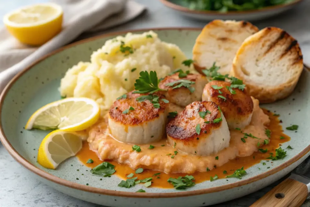 Seared scallops with spicy Cajun cream sauce plated