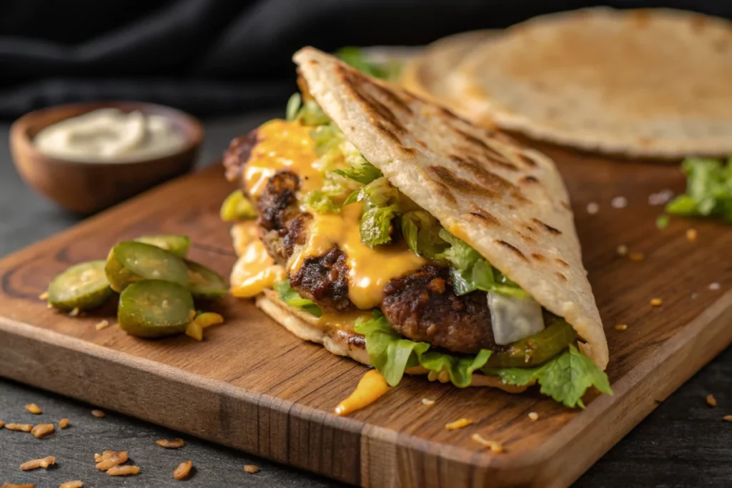 smash burger taco with crispy tortilla and melted cheese