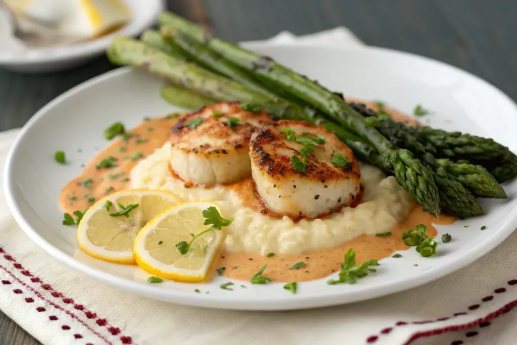 Seared scallops with Cajun sauce and Southern sides