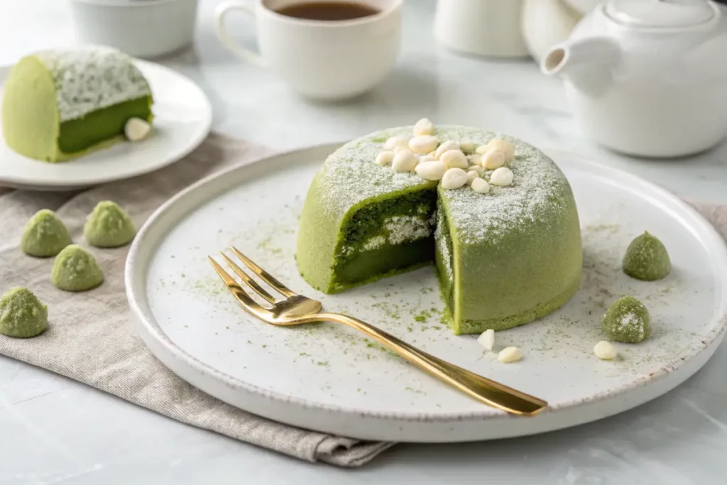 Small round Matcha White Chocolate Mochi Cake sliced to show chewy green texture