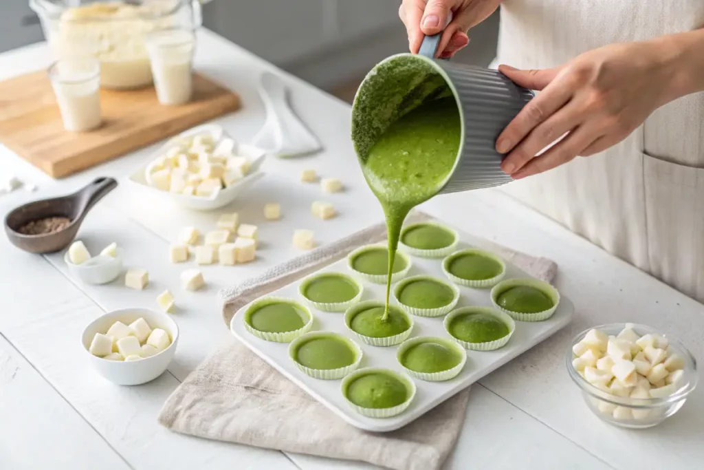 Hands pouring green matcha mochi cake batter into small round baking molds