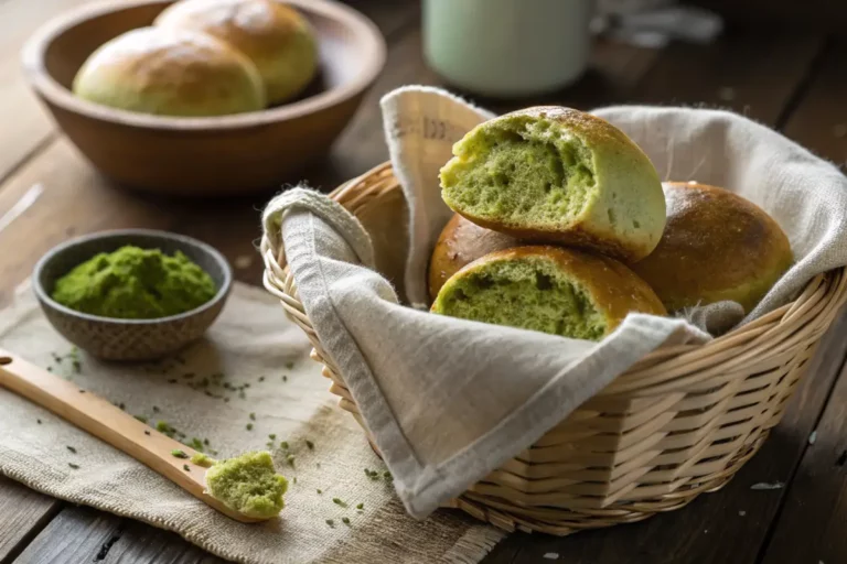 Matcha Pan buns in basket showing green interior