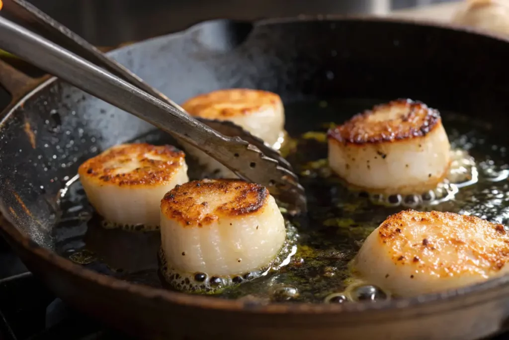 Scallops searing in cast iron skillet