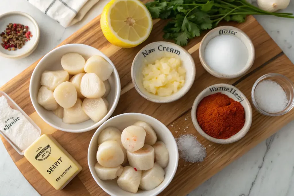 Ingredients for seared scallops with Cajun cream sauce