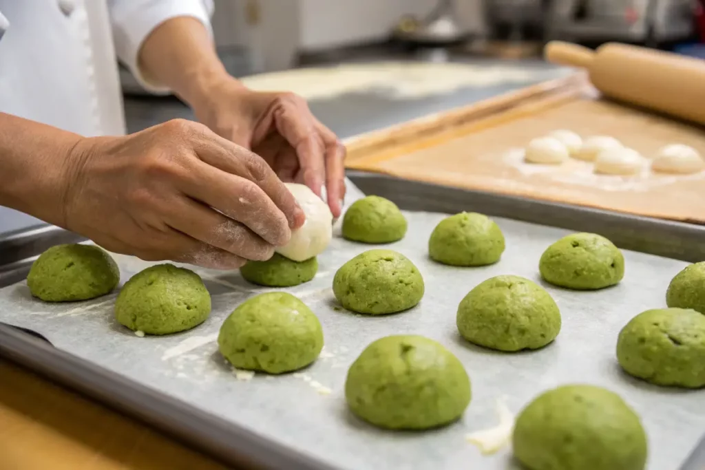 Shaping Matcha Pan dough with filling