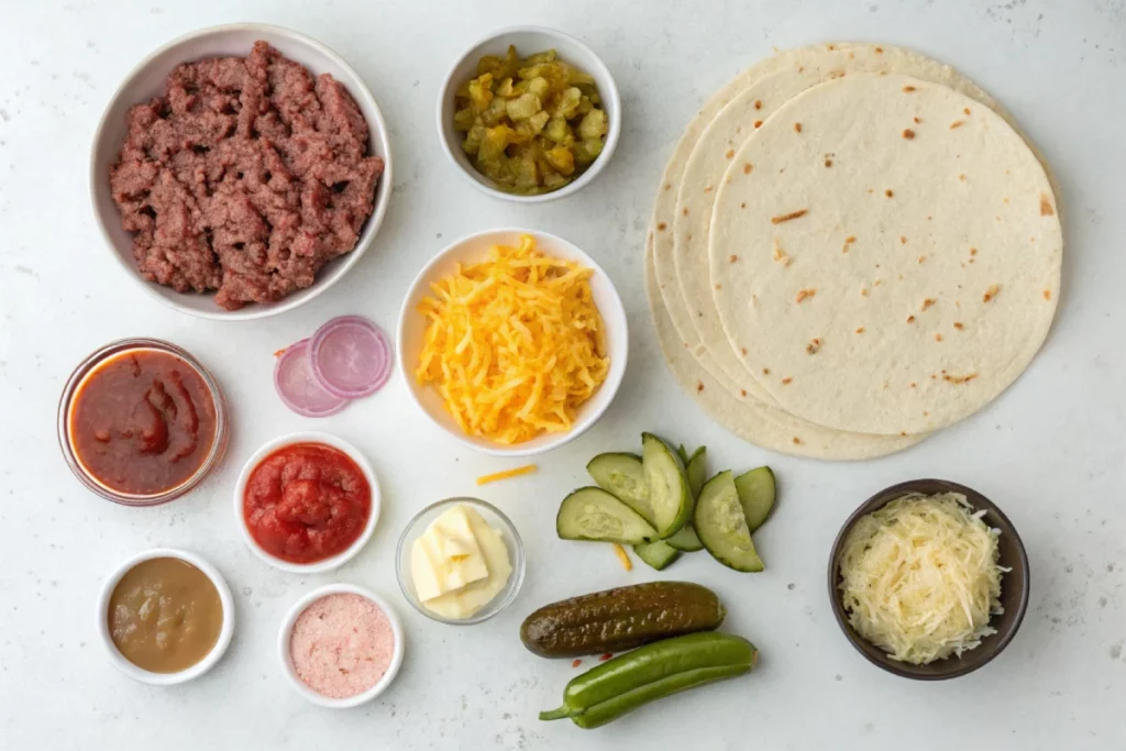 ingredients for smash burger taco on kitchen counter
