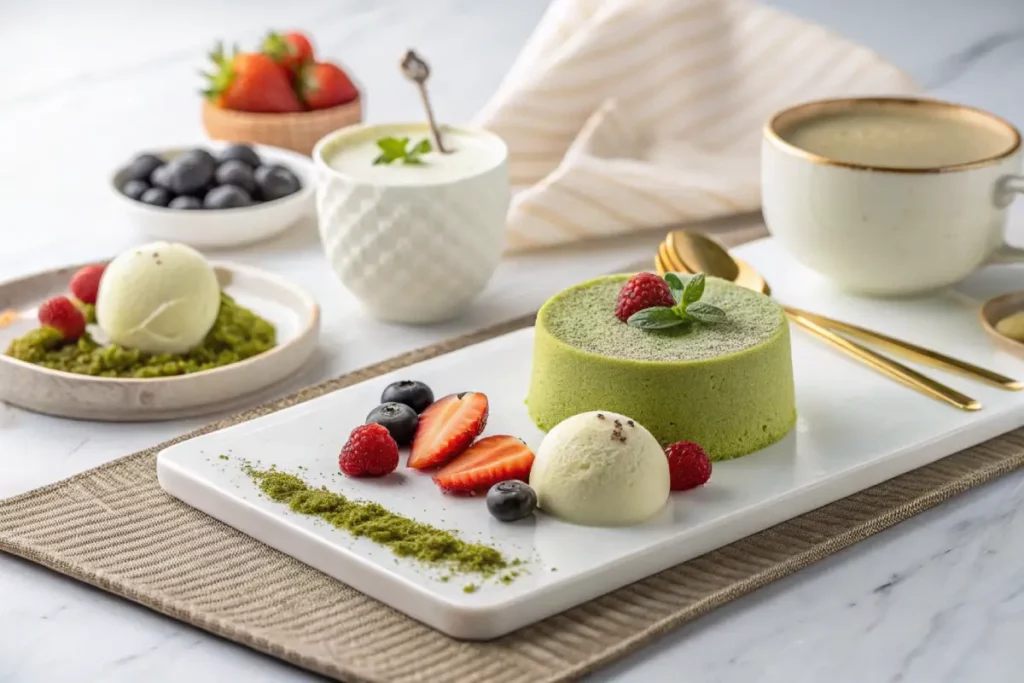 Small Matcha White Chocolate Mochi Cake slices served with matcha latte, fruit, and mochi ice cream