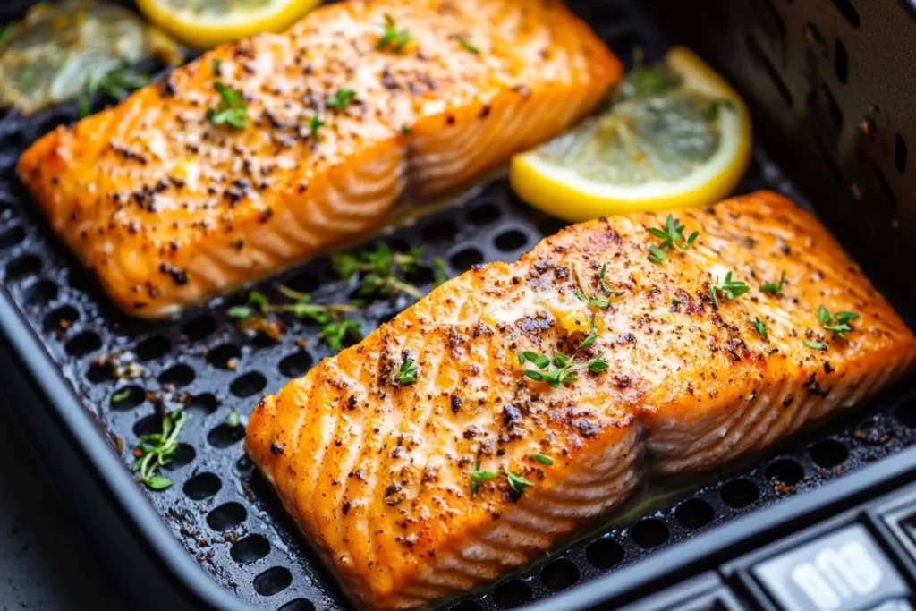 Frozen salmon in air fryer cooked to perfection
