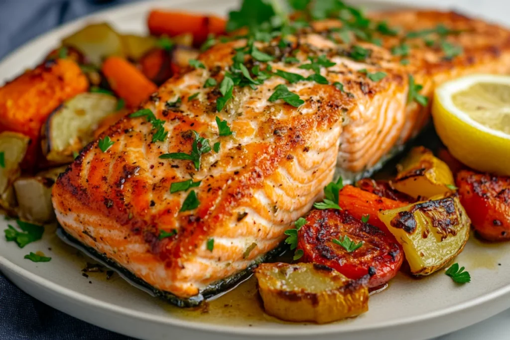 Air fryer salmon served with veggies