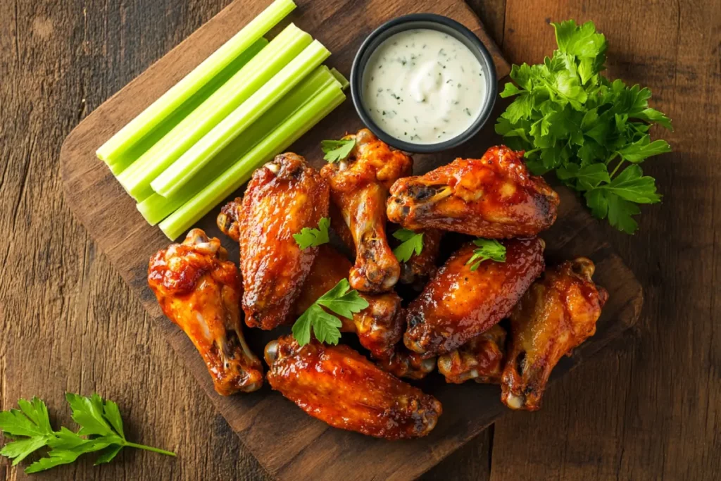 Served air fryer chicken wings with dipping sauce