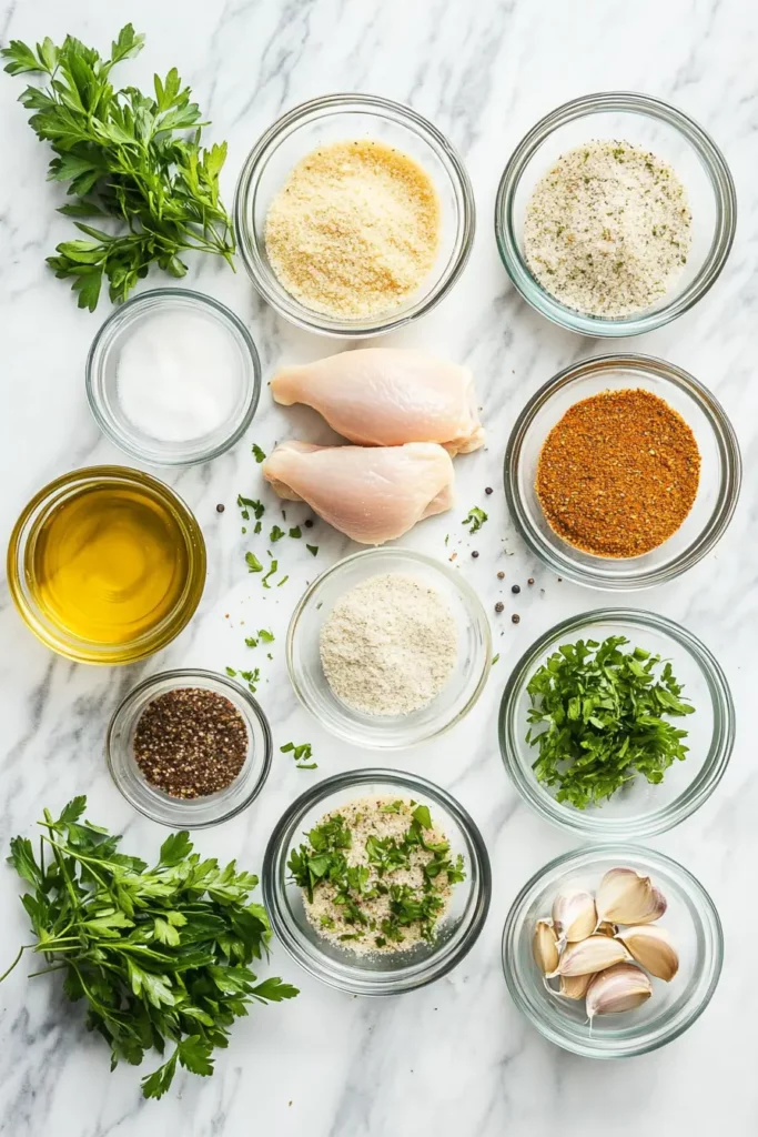 Ingredients for easy baked ranch chicken on marble surface