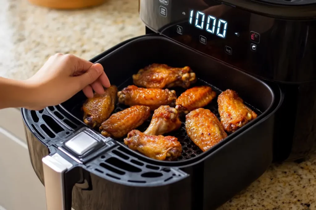 Loading frozen chicken wings into air fryer