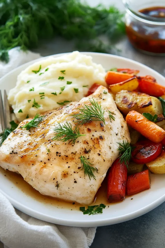 Easy baked ranch chicken served with mashed potatoes and vegetables