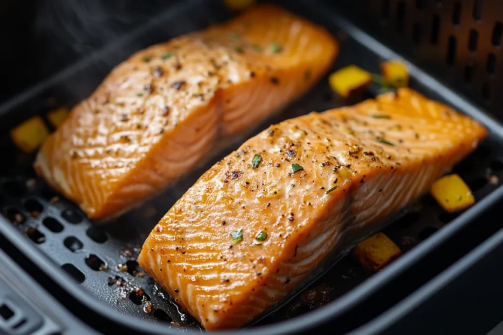 Salmon halfway cooked in air fryer
