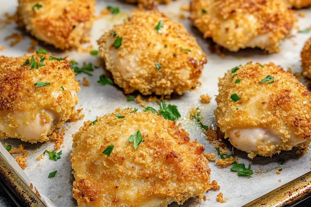 Easy baked ranch chicken fresh from the oven in a white baking dish