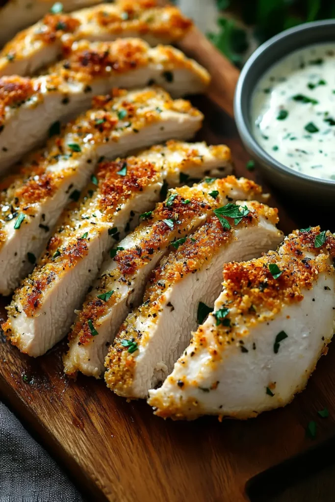 Sliced easy baked ranch chicken with crispy crust and juicy center