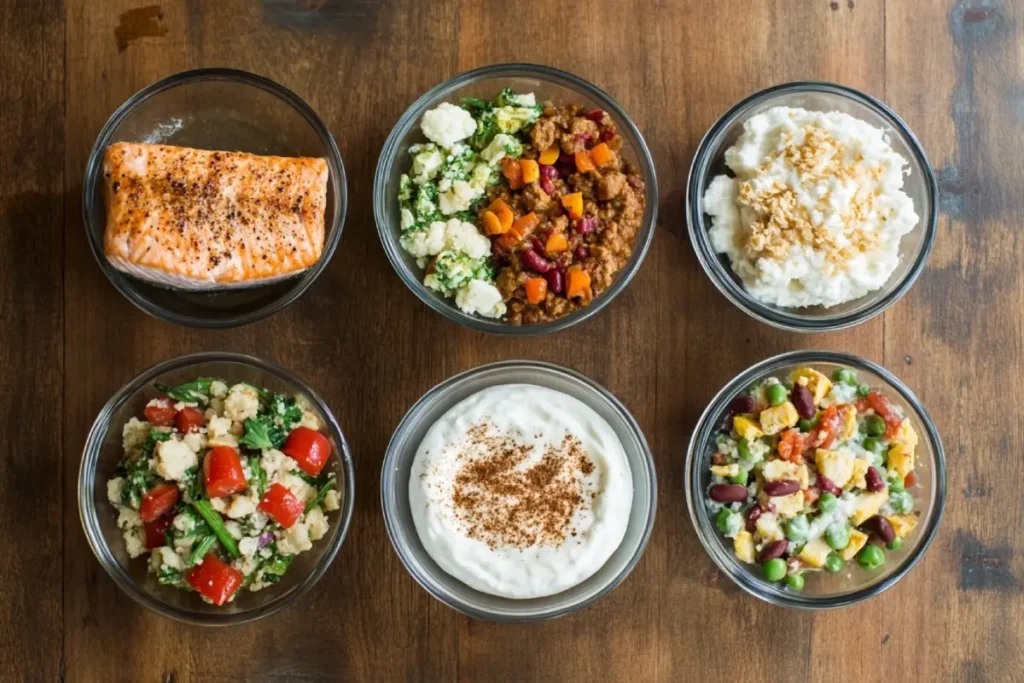 A table of five healthy low-carb Mounjaro recipes including grilled chicken, salmon, chili, stir fry, and chia parfait