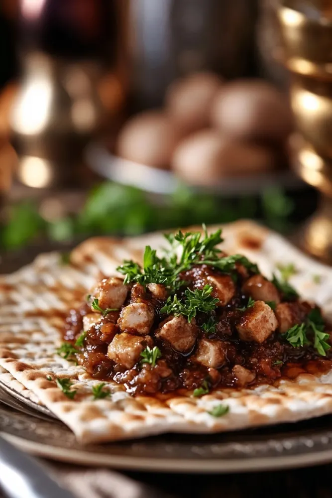 Serving charoset on matzo for Seder