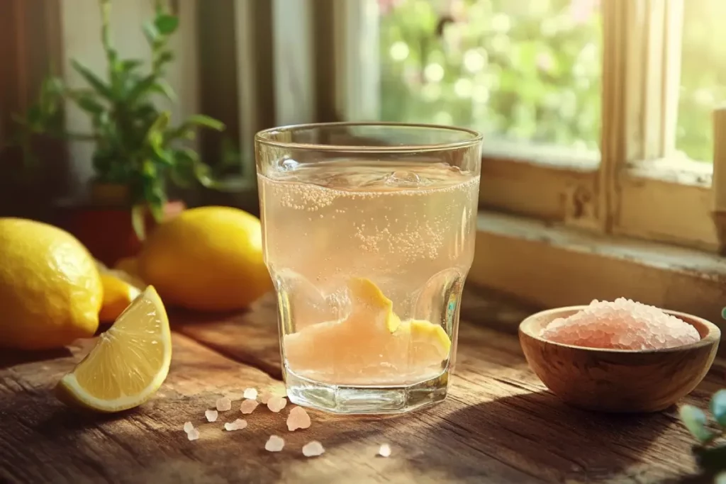 Glass of pink Himalayan salt water for weight loss