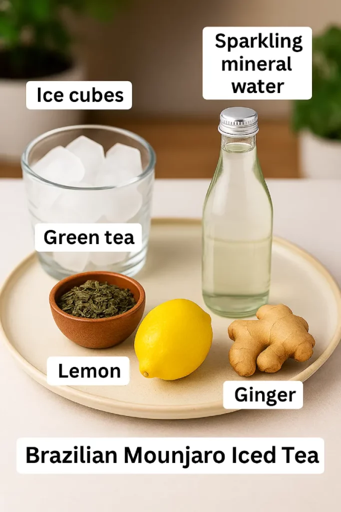 Ingredients for Brazilian Mounjaro Iced Tea Recipe laid out on a rustic table
