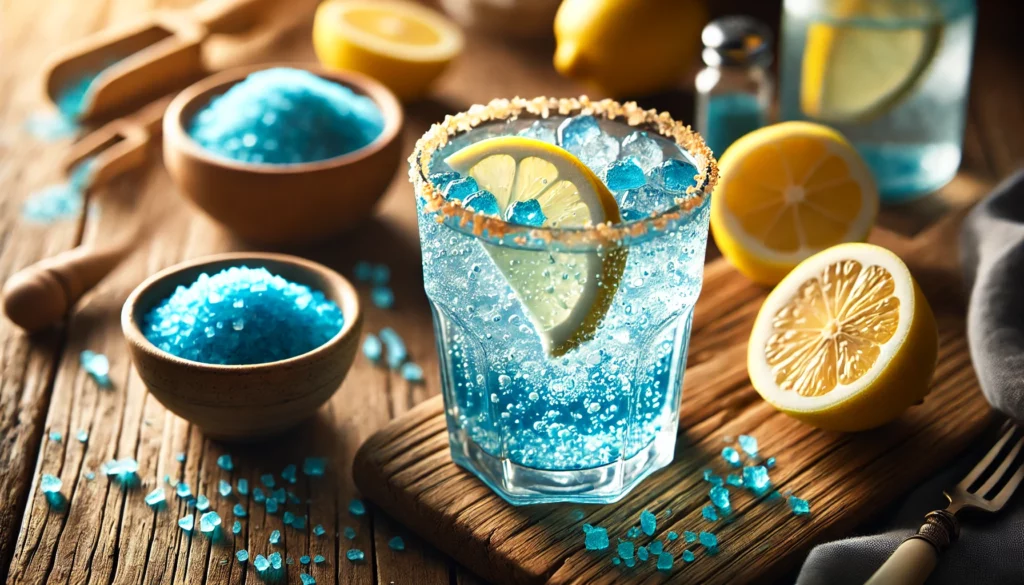 The Blue Salt Trick Recipe served in a clear glass with lemon and Persian blue salt