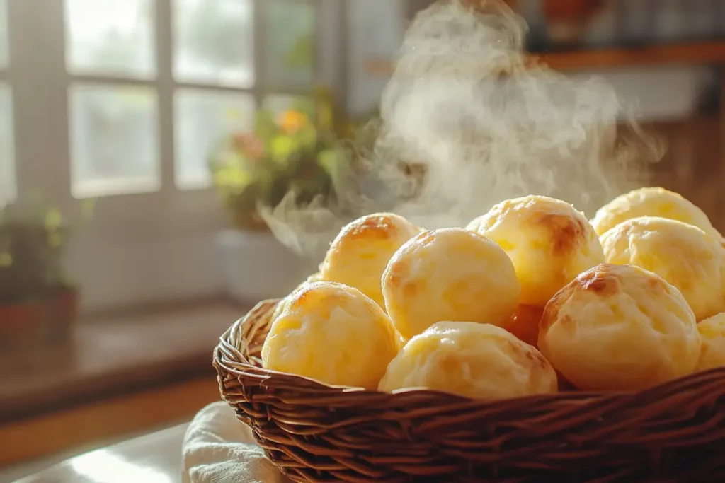 Brazilian cheese bread fresh from oven in basket