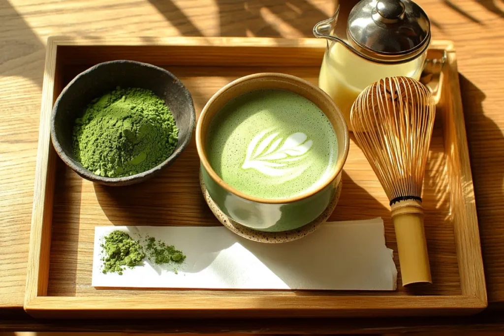 Matcha Latte Recipe with Bamboo Whisk and Frothed Milk