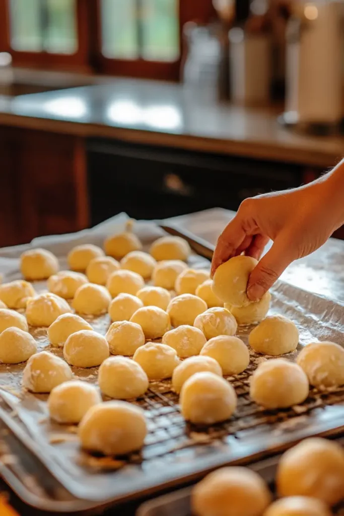 Shaping Brazilian cheese bread dough before baking
