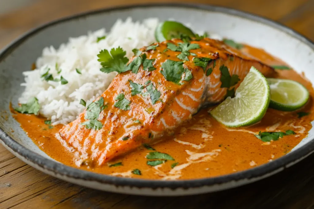 Thai Salmon plated with curry glaze and rice