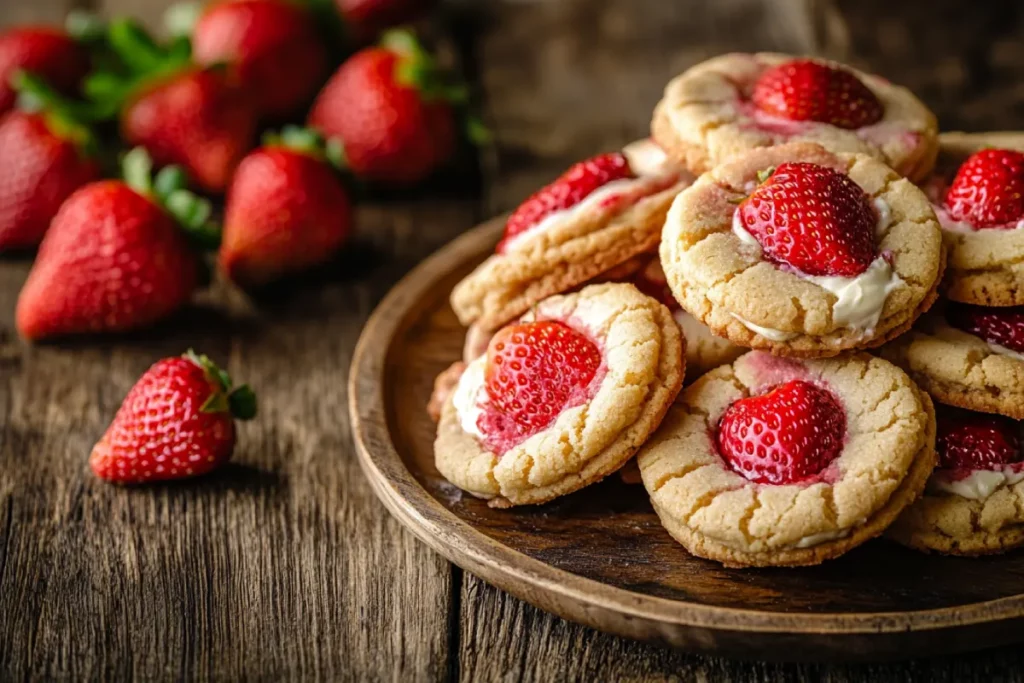 Strawberry Cheesecake Cookies stacked on plate