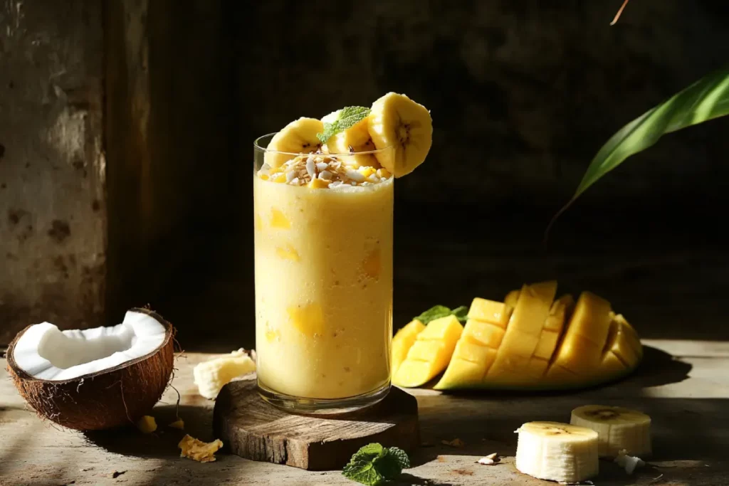 Brazilian Mounjaro recipe smoothie with mango, coconut water, and banana