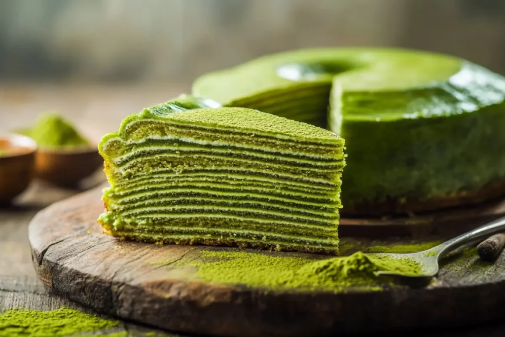 Matcha Crepe Roll Cake with green spiral layers