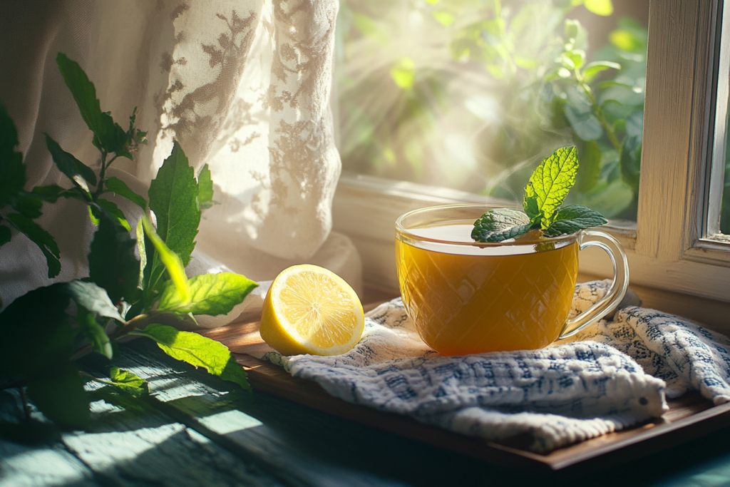 Served cup of Natural Mounjaro Recipe Tea with lemon