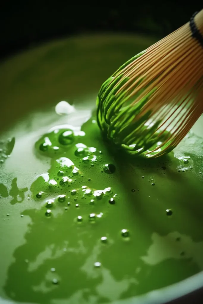 whisking matcha tea foam