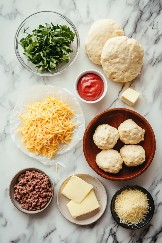 Ingredients laid out for Garlic Parmesan Cheeseburger Bombs