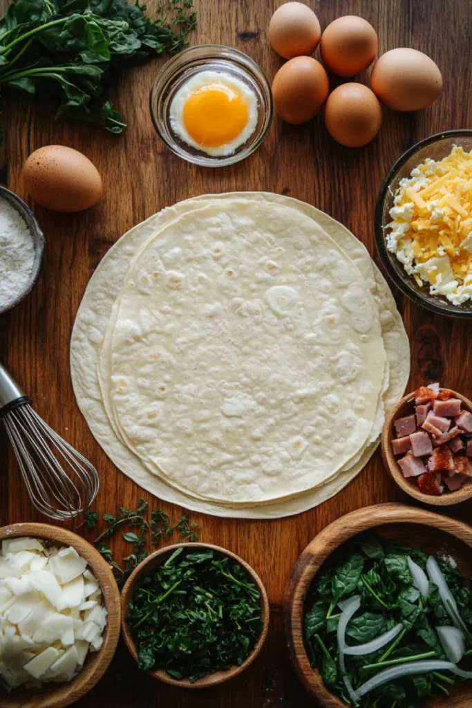 Ingredients for making tortilla quiche bake