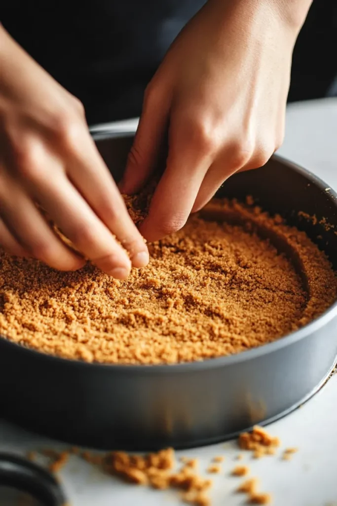 Pressing Biscoff crust into pan