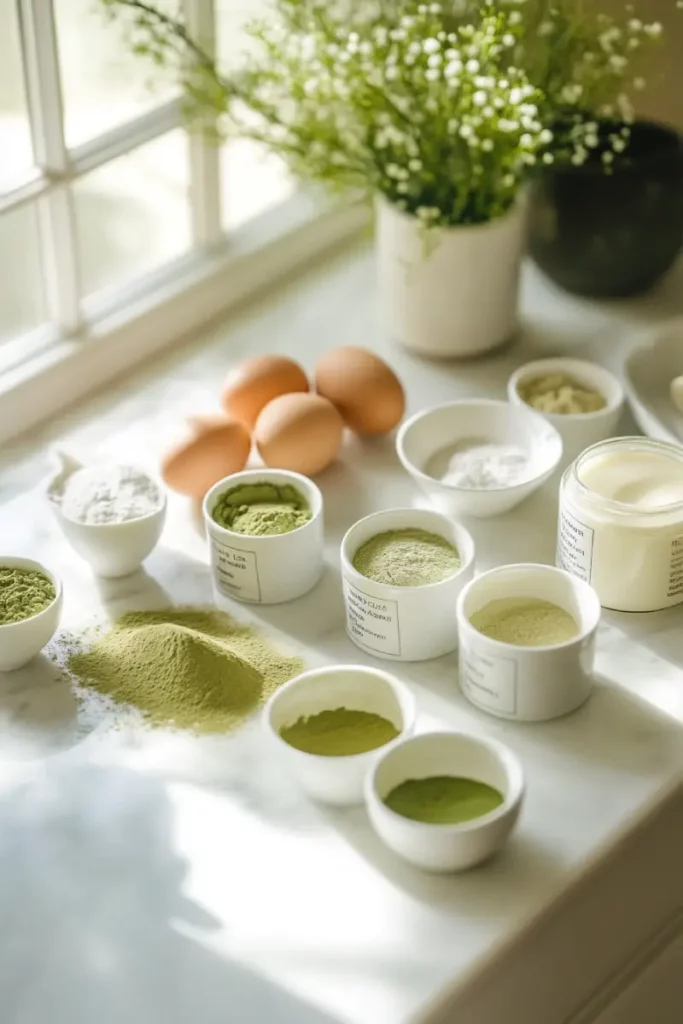 Matcha crepe cake ingredients on kitchen counter