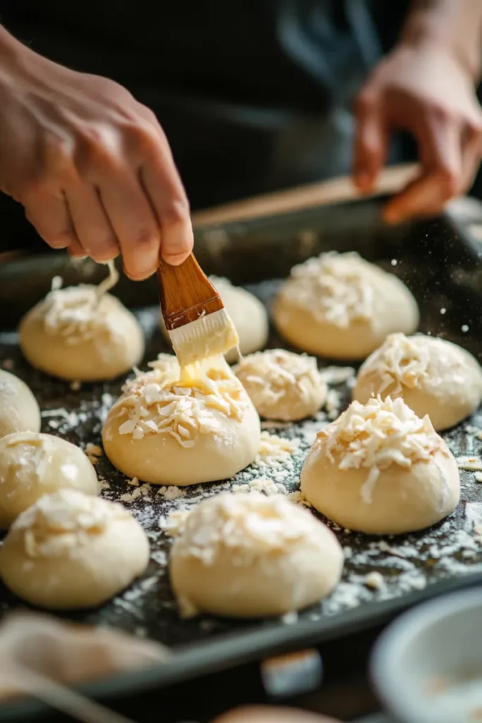 Garlic butter brushed on unbaked cheeseburger bombs