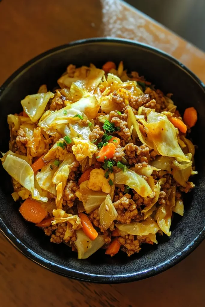 Stir-fried turkey with cabbage and carrots in a black bowl, Mounjaro-friendly low-carb meal