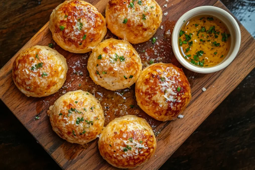 Garlic Parmesan Cheeseburger Bombs served on a wooden board