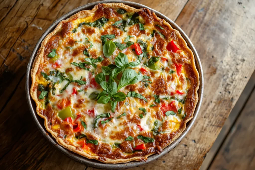 Tortilla quiche bake with crispy crust and colorful filling