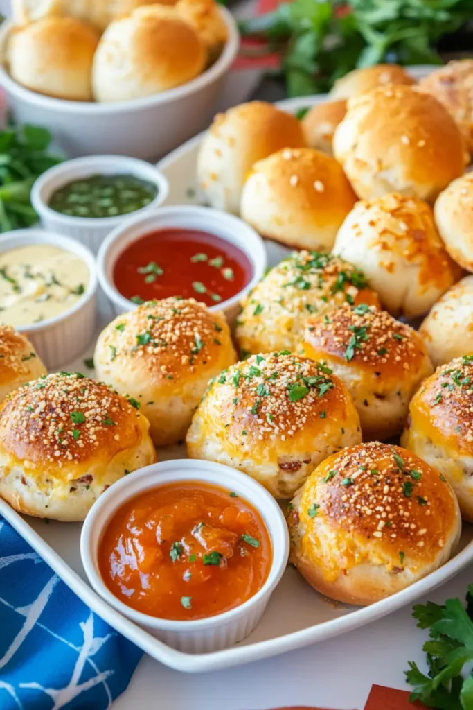 Garlic Parmesan Cheeseburger Bombs served with dips