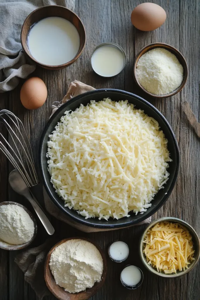Brazilian cheese bread ingredients on wooden surface