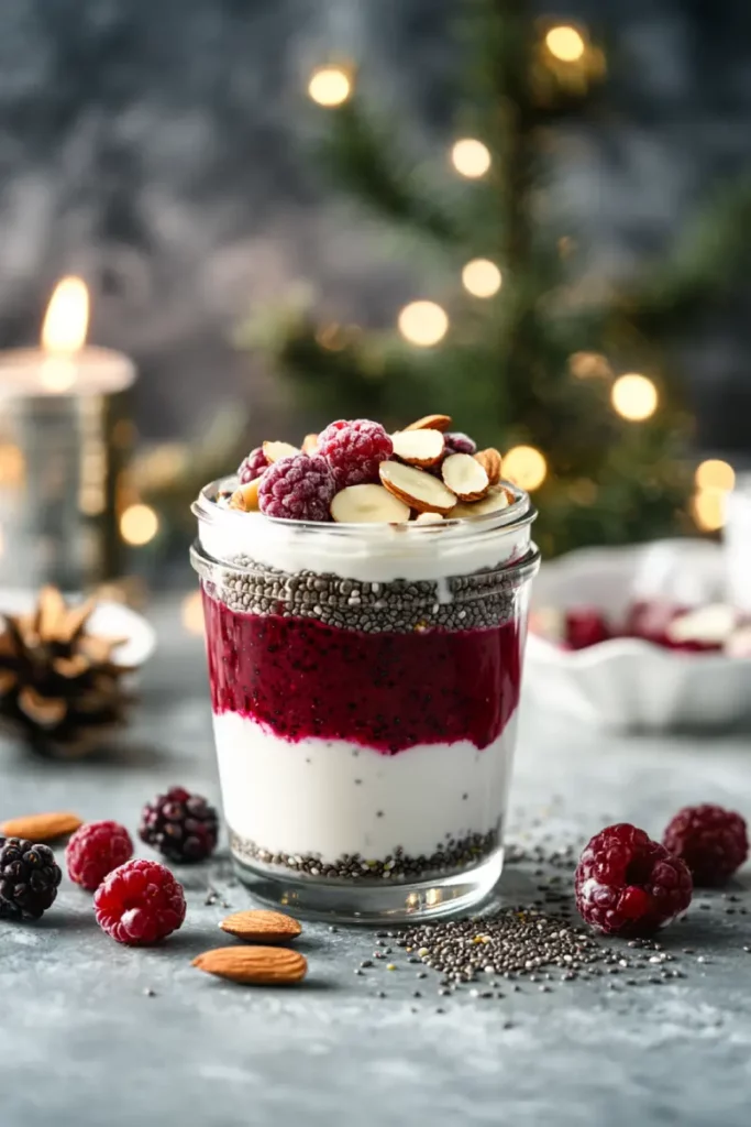 Layered Greek yogurt chia parfait with berries and nuts, a Mounjaro-friendly high-protein breakfast
