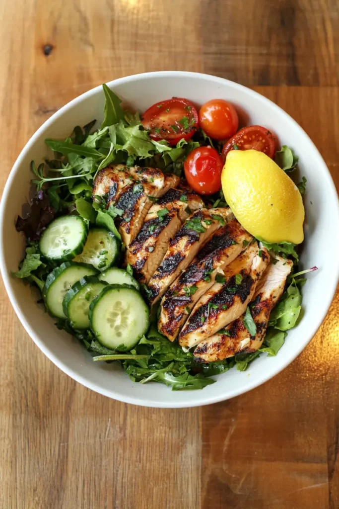 Grilled chicken avocado salad bowl with greens, perfect for a low-carb Mounjaro recipe