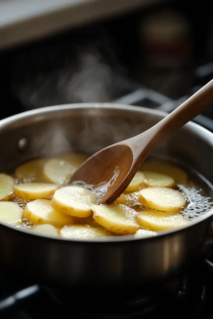 Ginger slices simmering in sugar syrup