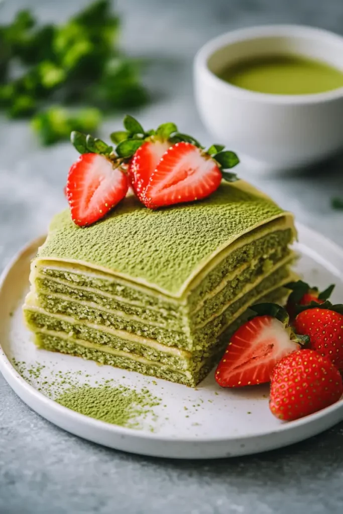 Sliced matcha crepe roll cake served with fruit
