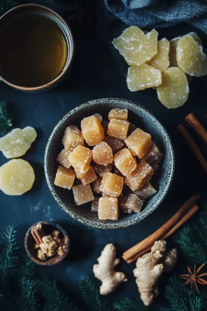 Bowl of crystallized ginger served with tea and cookies